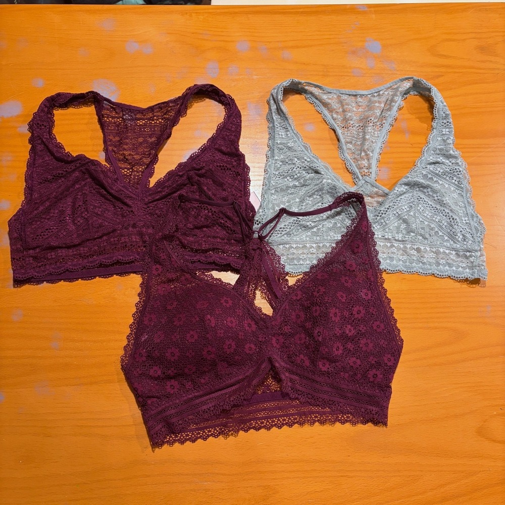 Victoria's Secret Lace Bralette Lot 3 Medium Burgundy Grey Racerback Strappy M